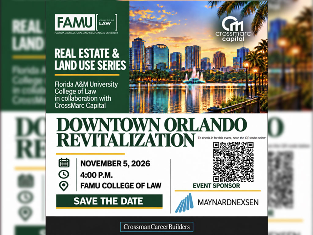 Event flyer featuring a sunset view of the downtown Orlando skyline and Lake Eola fountain. Text promotes the second installment of the FAMU College of Law and CrossMarc Capital Real Estate and Land Use Series, titled "Downtown Orlando Revitalization." The panel discussion will explore the opportunities, challenges, and strategies shaping the future of downtown Orlando. Featured panelists include Jason W. Searl of Maynard Nexsen, Andrew Wetzler of Sterling Project Development, and Jason Burton of the City of Orlando. The event will be held on Thursday, November 5, 2026, from 4:00 to 6:00 p.m. at Florida A&M University College of Law, 201 FAMU Law Lane, Orlando, Florida. A registration QR code and sponsor logo for Maynard Nexsen appear at the bottom of the flyer.