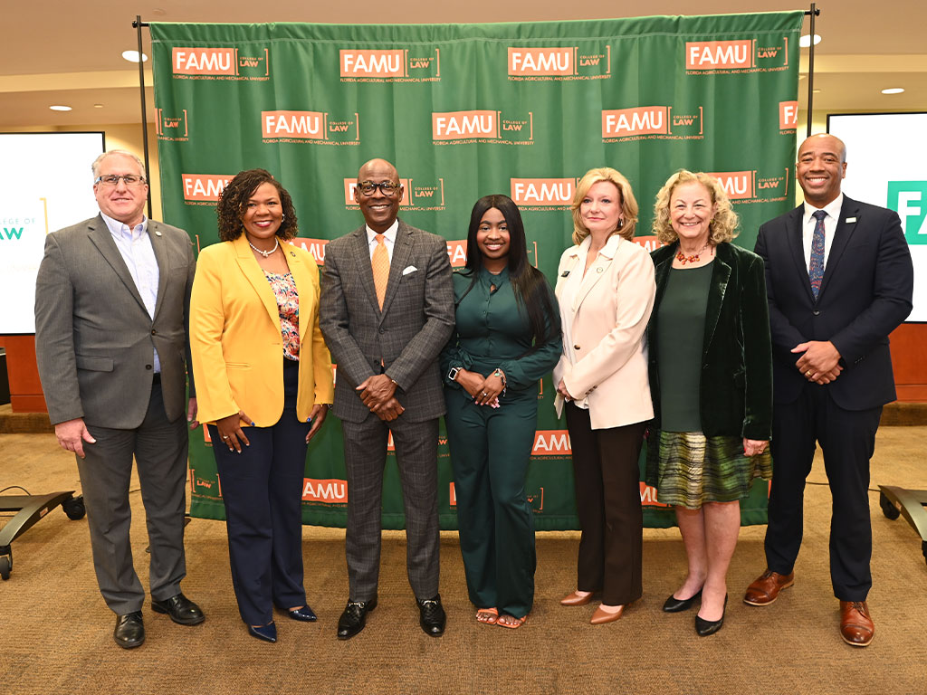 (L to R) Barry Cotton, Central Florida District Director for U.S. Senator Rick Scott; Rep. LaVon Bracy Davis, Florida House of Representative District 40 & FAMU Law Grad; Cecil Howard, Associate Provost & Interim Dean of the College of Law; Jamesia Jackson, 2024-2025 Student Bar Association President; Dr. Lisa Nored, UCF Department Chair of Legal Studies:, Ava Doppelt, Dean’s Advisory Council Chair; Jamal Sowell , FAMU Vice-President Of Governmental Relations. 