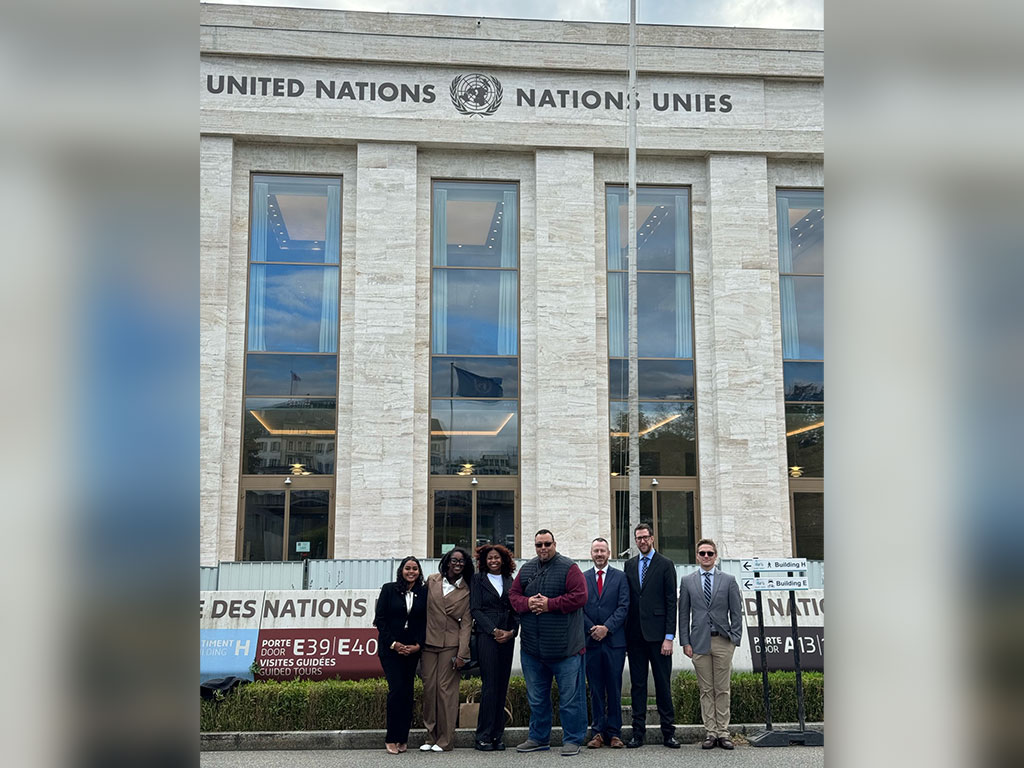 (L to R) Students from the FAMU College of Law recently participated in an educational mission to the United Nations Human Rights Council in Geneva. The delegation included Richell DeJesus (2L), Arianna Hoye (3L), Jaelyn Harrington (3L), Professor Jeremy Levitt, Ph.D., Andrew Mcmann, Timothy Kratzer (2L), and Lowell Fahs (3L).