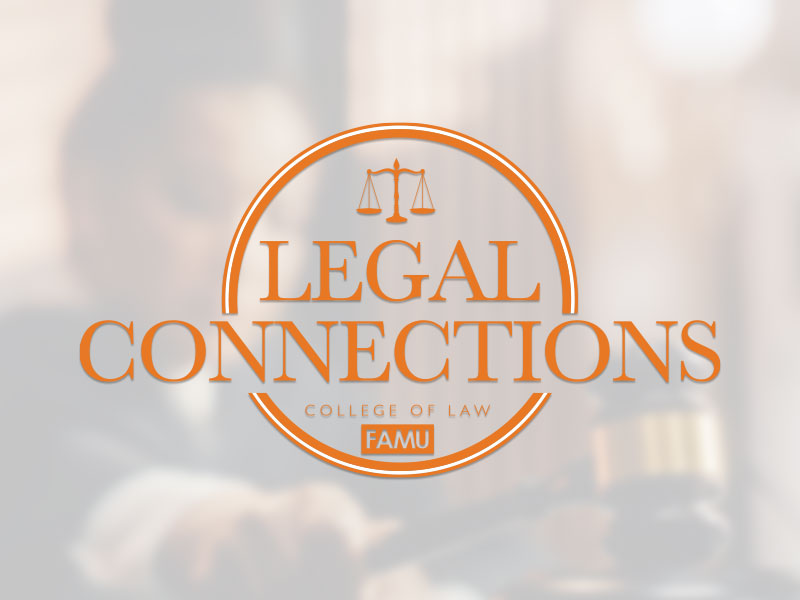 Graphic featuring the title “LEGAL CONNECTIONS” in large orange serif lettering centered within a circular emblem. A small scales of justice icon appears above the word “LEGAL.” Beneath the title, smaller text reads “COLLEGE OF LAW” and “FAMU.” The logo is displayed over a softly blurred background showing a close-up of a hand holding a wooden gavel near a matching sound block, suggesting a legal or courtroom setting. The color palette consists primarily of orange, white, and muted gray tones, with the logo prominently highlighted against the subdued background. The overall design conveys themes of law, professional networking, legal education, and judicial practice.